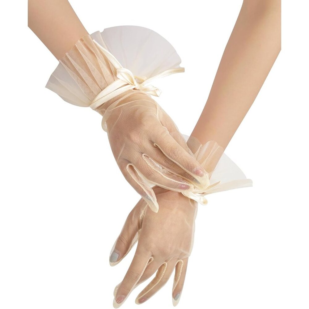 Women's Short Cream Tulle Bow knot Gloves Party Cosplay Costume Accessories